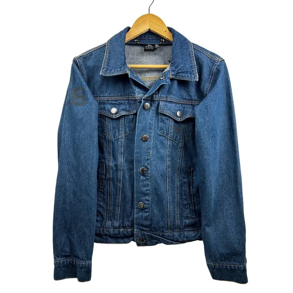 Disney‎ Mickey Mouse Jean Jacket Womens XS Blue Denim Hooded Embroidered Patch